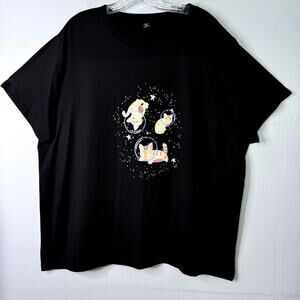 Perout Curve Kittens in Space Graphic Short Sleeve Black T-Shirt Plus Size 3XL